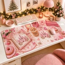1pc Pink Princess Castle Mouse Pad, Coquette Coffee Book Donut Cupcake Floral Butterfly Pattern Extended Desk Mat For Home Office And Gaming, Sizes S/M/L/XL - View 1