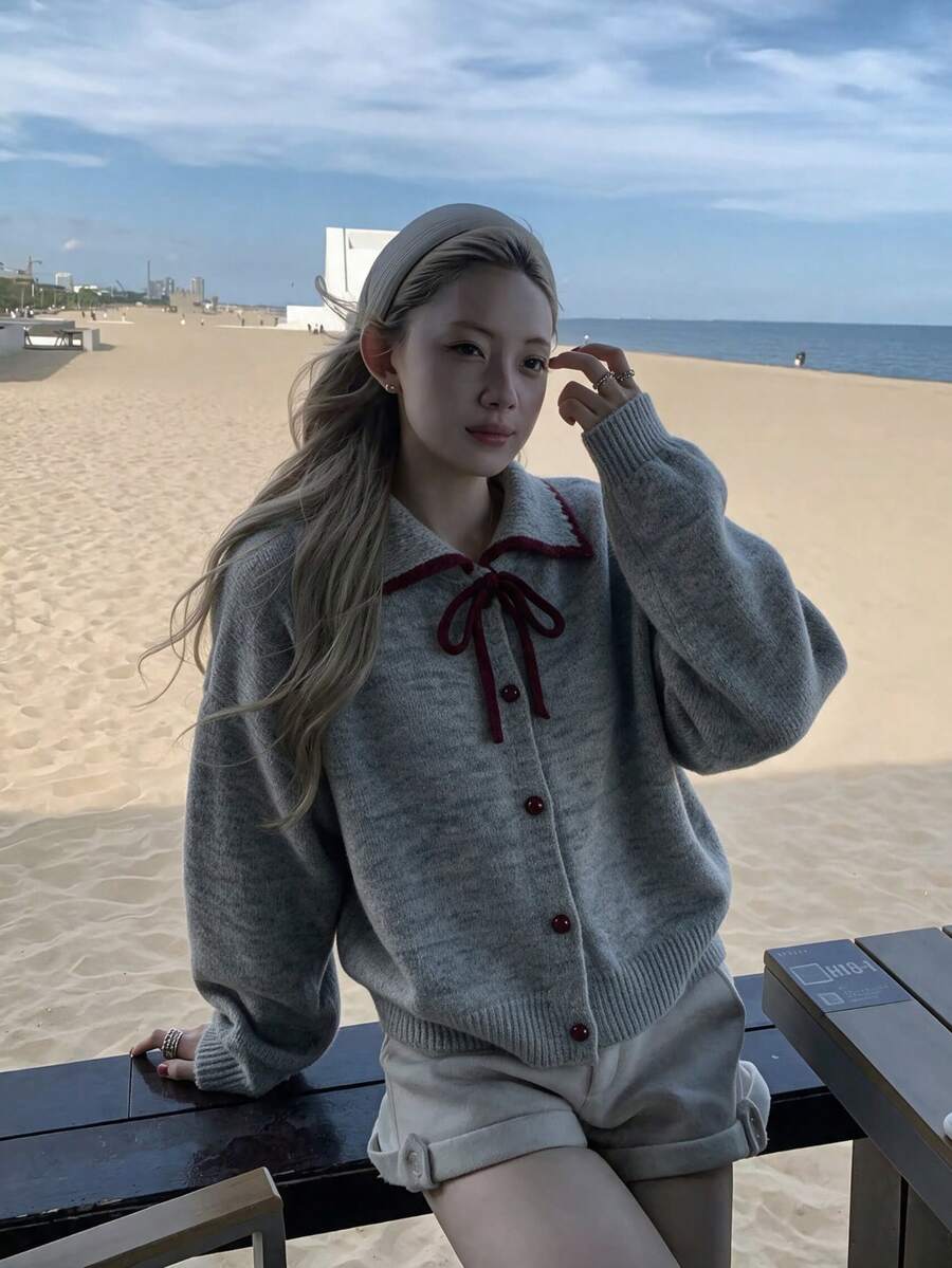 Áo cardigan len dệt kim phối màu tương phản phong cách ngọt ngào cao cấp, thời trang đường phố Urban Renaissance, casual sáng tạo cá tính - Xám - Xem 1