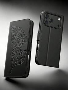 1pc 3D Embossed Butterfly Apple Phone Case, Full Coverage Apple 18 Pro Phone Case Cover, Wallet Style Smartphone Case, Shockproof Anti-Drop Apple 17 Pro Max Phone Case, Multi-Function Apple 16 Phone Case With 3D Butterfly Pattern, Apple 18 Pro Max Phone Case With Built-In Phone Stand, Classic Black Flip Leather Case Phone Case, Phone Case Note 17 With Credit Card Slot; Galaxy S26 Ultra Phone Case With Smart Phone Stand, Cute Phone Case Protective Cover Travel Essential, Honor Phone Case Practical Phone Accessory. - Black - View 7