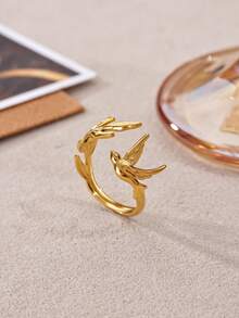 1 Pc Fashion Peace Dove Leaf Open Ring For Women Gold Color Stainless Steel Line Open Ring Birthday Party Jewelry Gift - Gold - View 5
