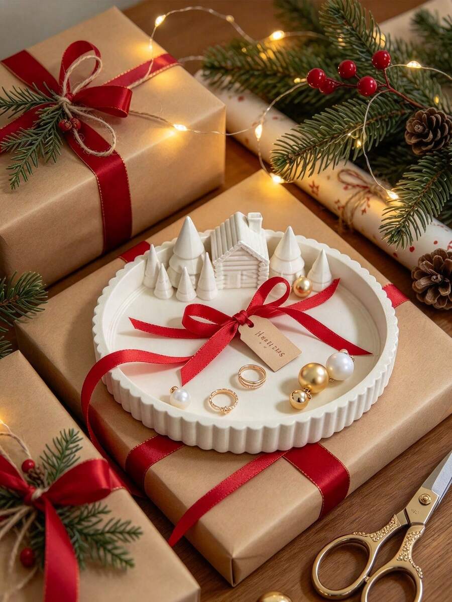 1pc Winter Christmas Atmosphere Tray Decor, Pure White Forest Cabin With Pointed Pine Tree, Creating Healing Winter Snow Micro Landscape. Vertical Striped Round Plate Can Be Used To Store Aromatherapy, Jewelry And Small Accessories - Multicolor - View 1