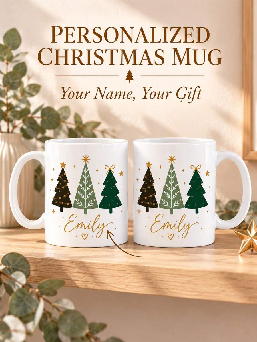 Customized Christmas Tree Ceramic Mug, Personalized Name Coffee Cup, Christmas Holiday Decoration, Customized Gift For Her/Him, Family Keepsake, Durable Drinking Cup, Suitable For Home And Office Use - Multicolor - View 1