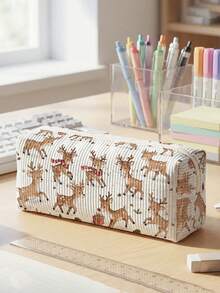 1pc Christmas Elk All-Over Print Corduroy Kids Pencil Case,Zipper Large Capacity Stationery Storage Pouch For Student School Daily Study - Multicolor - View 2