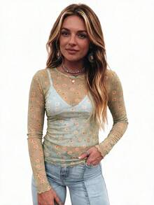Women's Floral Print Vacation Style Sheer See-Through Fitted Long Sleeve Ruffle Collar Casual Green Top, Suitable For Vacation & Outings In Autumn - Green - View 1