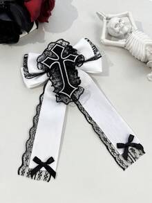 1pc Gothic Embroidered Cross Lace Bow Ribbon Hair Clip, Vintage Lolita Long Ribbon Back Of Head Alligator Hair Clip Accessory - Multicolor - View 6