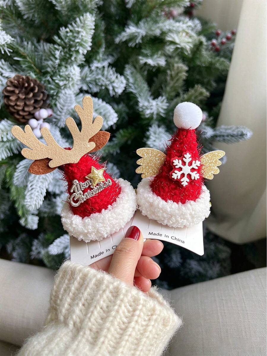 1pc Kids Christmas Mini Santa Hat Hair Clips, Reindeer Antler & Snowflake Wing Design, Girls Xmas Party Hair Barrettes - Multicolor - View 1