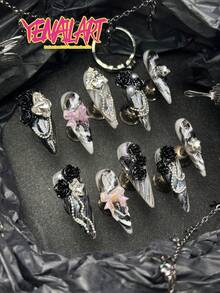 10片手工全包尖頭穿戴甲，黑白紮染Y2K秋季美甲，含果凍美甲貼紙與指甲锉，3D花朵、蝴蝶結、星星、愛心、水鑽、鏈條設計，適合日常配戴、女生聚會、搖滾音樂節、派對 - 黑與白 - 查看 3