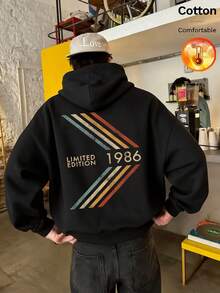 Autumn Winter Men's Fleece Hoodie With Back Striped Pattern And LIMITED EDITION 1986 Text Y2K - Black - View 1