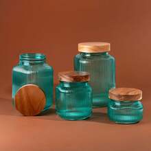 Superbutelki 4-Piece Ribbed Glass Food Storage Jar Set With Wooden Lids, 0.5L + 1L + 2L + 3L, Turquoise Airtight Kitchen Canisters For Coffee, Sugar, Flour, Pasta, Tea & Dry Food, Reusable Decorative Pantry Containers - View 4