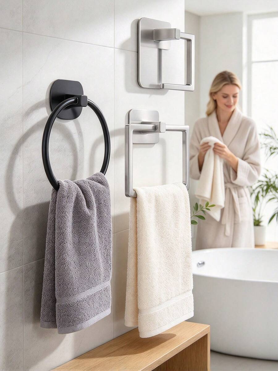 Gantungan Handuk Dinding Stainless Steel Perekat Tanpa Bor, Gantungan Handuk Bulat & Oval, Rak Penyimpanan Handuk Kamar Mandi & Dapur Aneka Warna, Dekorasi Perlengkapan Kamar Mandi Rumah - MultiWarna - View 1