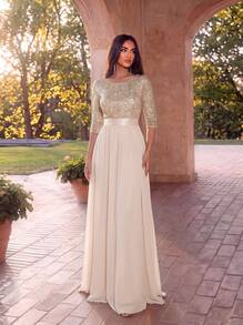 Contrast Color Sequin Chiffon Formal Gown, Elegant And Formal, Suitable For Wedding Guests, Graduation Ceremonies, Galas And Other Occasions - Apricot - View 1
