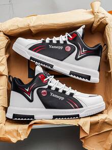 Men's Personalized Colorblock High-Top Casual Shoes With Letter Basketball Logo Decor, Street Style Thick Sole Versatile Skate Shoes For Students - White and Black - View 3