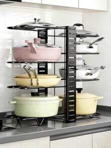 8-Tier Adjustable Cookware Rack, Expandable Metal Pot Lid Holder, 3 DIY Assembly Methods, Kitchen Utensil Storage Cabinet - Black - View 1