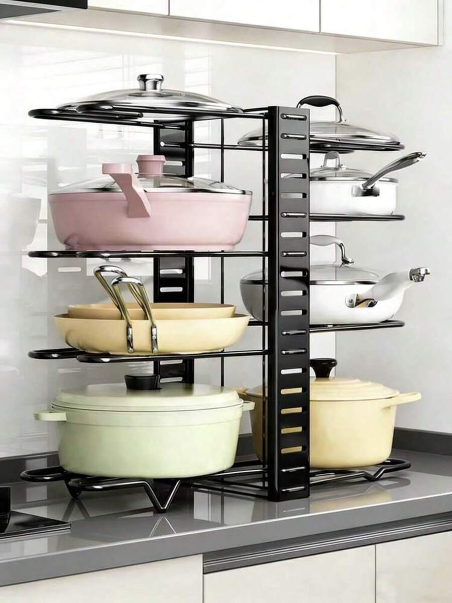 8-Tier Adjustable Cookware Rack, Expandable Metal Pot Lid Holder, 3 DIY Assembly Methods, Kitchen Utensil Storage Cabinet - Black - View 1