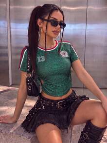 Women's Casual Mexican Style Jersey Round Neck Drawstring Hollow Out Flared Hem Fitted Short T-Shirt, Summer Vacation Top - Green - View 1