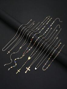 4/8pcs Fashion Minimalist Bohemian Colorful Rhinestone Heart & Cross Pendant Y-Shaped Chain Necklace Set, Layered Necklaces For Women, Suitable For Vacation, Date, Party, Ball, Banquet, Festival, Birthday Gift, Daily Wear - Yellow Gold - View 7