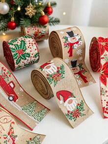 Randomly Selected 1pc Linen Christmas Ribbon - Christmas Tree Wreath Decoration Ribbon, Atmosphere Decor Ribbon, Linen Satin Combination, Christmas Tree Wreath Gift Wrapping, DIY Handmade, Holiday Atmosphere Creation, Essential Christmas Decoration - Multicolor - View 2