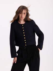 Women's Short Crew Neck Long Sleeve Old Money Style Wool Jacket - Navy Blue - View 8