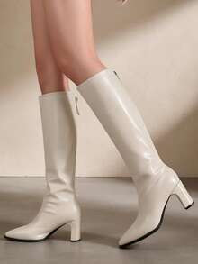 Women's Plus Size Beige Pointed Toe Knee-High Boots, Back Zipper Slim Fit Tall Boots, Chunky Square Heel Glossy Solid Color Upper, Suitable For Daily, Date, Party, Autumn/Winter Outfits - Off White - View 9