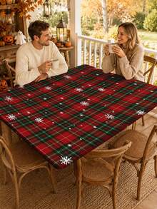 Christmas Red & Green Plaid Snowflake Tablecloth, Holiday Atmosphere Dining Table Decor, Home Rectangular Fabric Table Runner - A - View 6