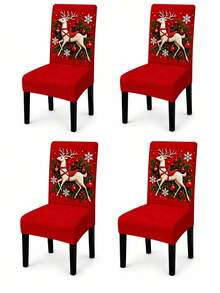 4/6pcs Christmas Chair Covers, Red Reindeer Snowflake Pine Branch Berry Print Elastic Stretch Chair Covers, Suitable For Holiday Dining Room Kitchen Christmas Party Decoration - D - View 8