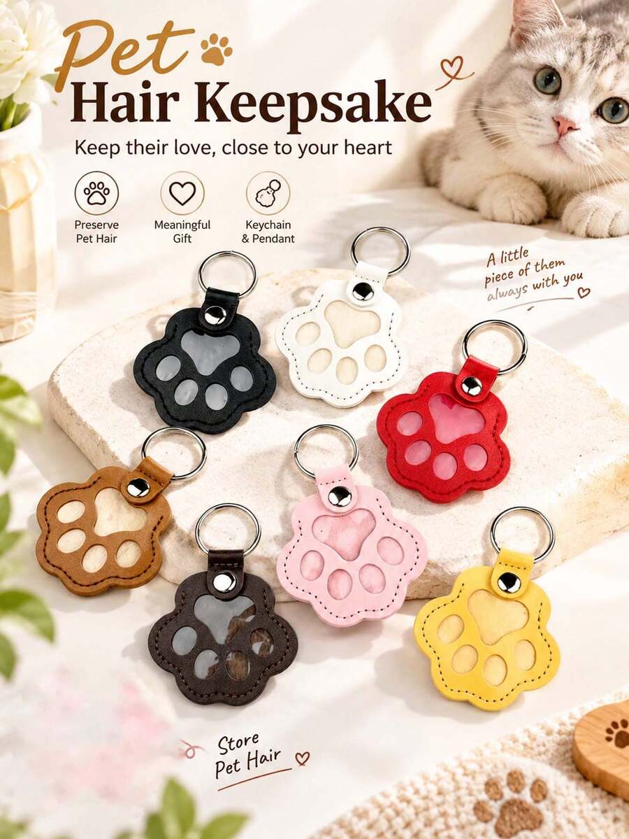 10Pcs Leather Paw Print Pet Memorial Keychain Pet Hair Keepsake Pendant For Cats & Dogs