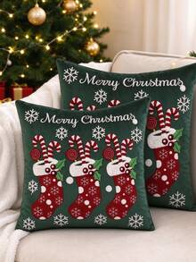 Miater 1件/2件裝聖誕糖果襪毛巾刺繡枕套，Merry Christmas雪花刺繡靠墊套，客廳沙發節日裝飾枕套，不含枕芯 - 墨綠色 - 查看 8