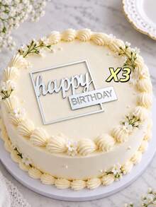 3pcs Square Frame Mixed Font Happy Birthday PMMA Acrylic Cake Toppers, Silver Mirror Geometric Frame Letter Cake Decorations, Modern Minimalist Birthday Cake Decor, Birthday Party Baking Dessert Supplies - A - View 10