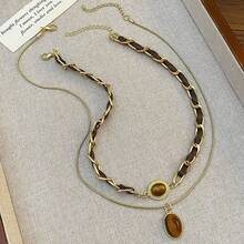 1pc/2pcs Maillard Vintage Tiger Eye Stone Double Layer Stackable Necklace, Leather Braided Chain Detachable 2 Pieces Set Sweater Chain, Autumn/Winter Luxury Niche Women's Accessory - Gold - View 8