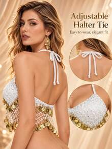 New Belly Dance Performance Top Featuring A Fish-Scale Sequin Design; A Stylish Accessory Adorned With Gold Tassels And Beadwork, Perfect For Stage Performances, Parties, Festivals, And Dance Shows-Offering An Elegant, Arabian-Inspired Look.Genie Top - Multicolor - View 7