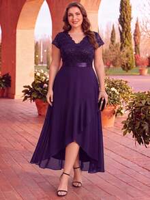 EVERPRETTY Plus Size Mother Of The Bride V-Neck Sequin Lace Chiffon Patchwork Slit High-Low Hem Wedding Guest Evening Gown Suitable For Wedding Semi-Formal Dinner Graduation Ceremony Party Homecoming Dance - Purple - View 1