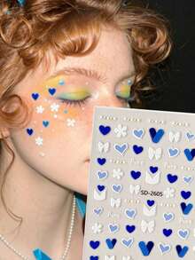 1pc Winter New Blue & White Heart Flower Bow Face Sticker, Suitable For Face Decoration And Makeup, Create Japanese Y2K Style Look, Self-Adhesive For Easy Use - Multicolor - View 1