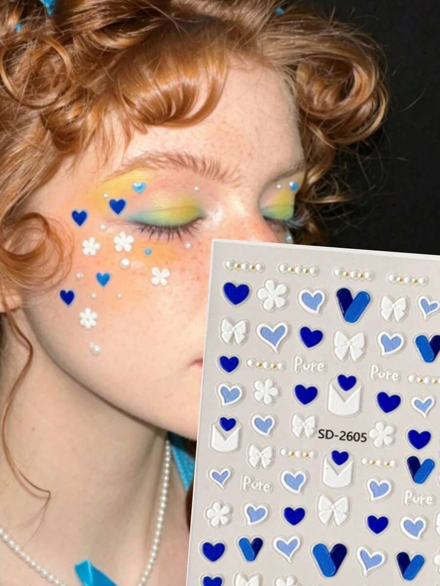 1pc Winter New Blue & White Heart Flower Bow Face Sticker, Suitable For Face Decoration And Makeup, Create Japanese Y2K Style Look, Self-Adhesive For Easy Use - Multicolor - View 1