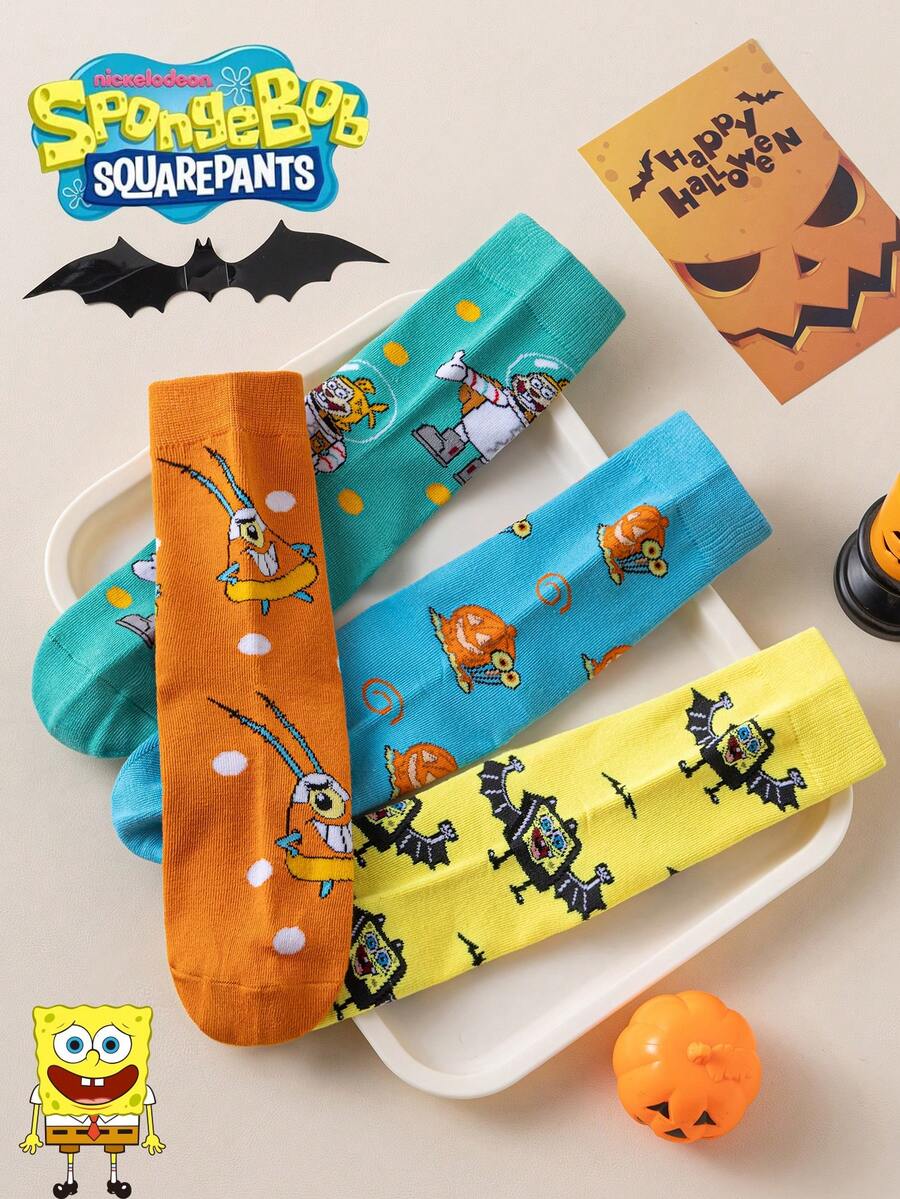 SpongeBob SquarePants 8/4/1 زوج جوارب SquarePants للرجال، جوارب ملونة برسومات كرتونية للسنجاب والحلزون حتى منتصف الساق، خريف/شتاء - متعدد الألوان - مشاهدة 1