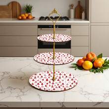 3-Tier Gold Stand Red Christmas Tree Print Cake Stand Suitable For Holiday Party Decoration - Multicolor - View 4