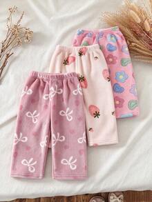 3 piezas/Set Pantalones largos suaves con forro térmico para niñas en otoño/invierno, con estampado de lazo, fresa y flores, cintura elástica suave y esponjosa, estilo básico simple, adecuado para uso al aire libre - Multicolor - Ver 1