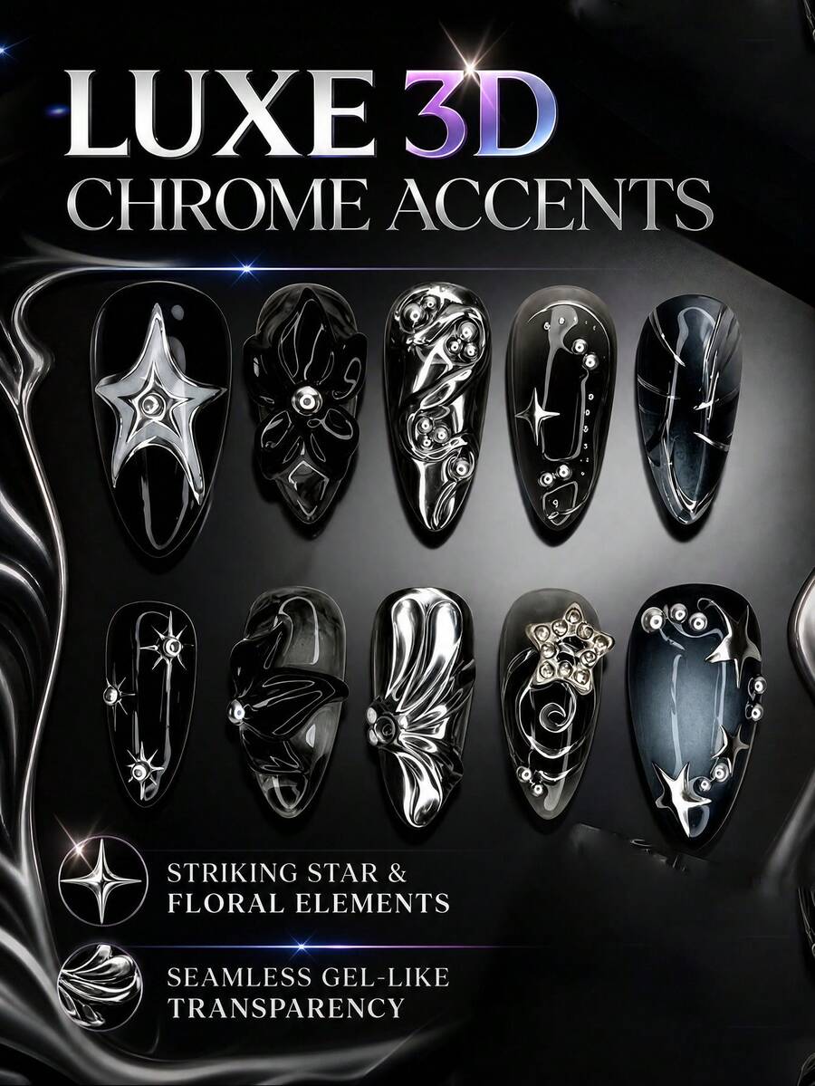 2000s Gothic Black Embossed Nails, 10pcs 3D Silver Star & Swirl Press-On Nails, Reusable DIY Manicure, Punk Style - Black - View 1