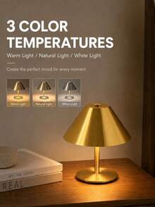 Vintage Rechargeable LED Desk Lamp, Cone-Shaped Metal Body With Lampshade, 3-Color Adjustable Brightness, Touch Control Table Lamp, Suitable For Bedroom, Home, Office Decoration - Multicolor - View 5