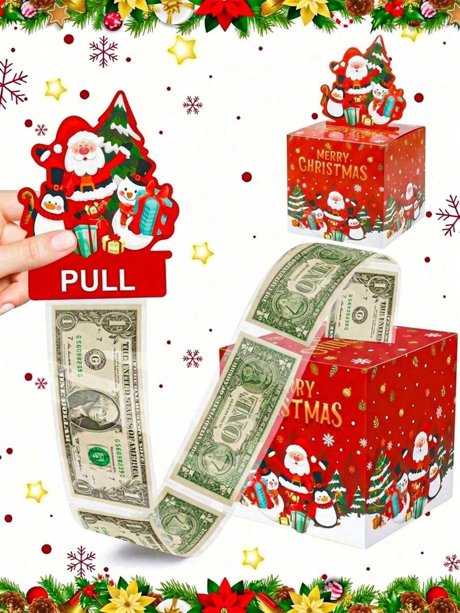1pc Christmas Money Pull Gift Box, Christmas Gift Pull Box, Christmas Small Gift Packaging Box, Party Tabletop Decor, Photo Props, Christmas Stocking Filler, Christmas And 2027 New Year Home Party Supplies - Multicolor - View 1