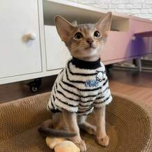 1pc Pet Supplies, Pet Clothing, Cute Striped Two-Legged Cat Vest, Thickened Warm Design For Autumn/Winter, Blue Cat Hairless Cat Home Wear - Black and White - View 6