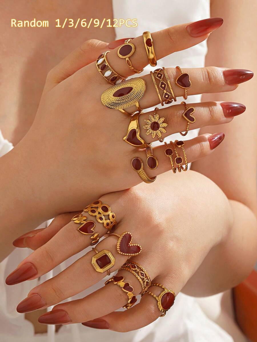 1/3/6/9/12pcs Stainless Steel Minimalist Red Drip Oil Geometric Open Ring Set, Suitable For Women's Daily Wear (Random Style Delivery) - Red - View 1