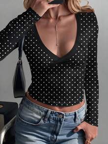 Mystra 女款純色時尚百搭休閒舒適 V 領交叉性感長袖 T-shirt 上衣 - 黑與白 - 查看 3
