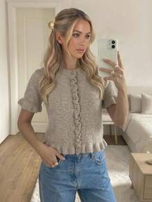 Women's Spring/Autumn Loose Vintage Fashion Short Sleeve Knit Cardigan, With Ruffle Design And Metal Buttons, Elegant Soft Sweater - Camel - View 11