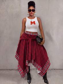 Women's Plaid Patchwork Asymmetric Hem Tie Waist Skirt - Multicolor - View 2