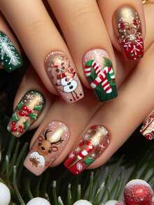 24Pcs Glossy Short‑Square Fake Nails, Christmas Holiday Press‑On Nails, Cute Reindeer Snowman Candy Cane Holly Berry Snowflake Print, Reusable Winter Manicure Set For Girls Women - Multicolor - View 1