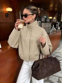 Women's Casual Solid Color Stand Collar Zip-Up Short Jacket, Loose Fit Outerwear For Spring, Autumn, Winter, Daily Wear And Commuting - Khaki - View 4