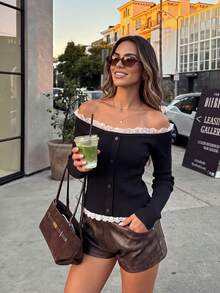 Early Autumn New Arrival Atmospheric Lace Patchwork Off-Shoulder Top, Exposed Shoulder Single-Breasted Elastic Fitted Short Knit Base Layer - Black - View 1
