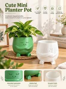 Healing Cartoon Character Small Flower Pot, Creative Cute Heart-Shaped Hugging Pose Succulent Planter, Material, Durable And Lightweight, Multiple Adorable Expressions To Choose From, Rounded Contour To Touch, Built-In Small Feet For Stable Placement, Suitable For Planting Succulents, Cacti And Other Small Foliage Plants, White And Green Two-Tone Minimalist Design, Fits Various Decor Styles, Perfect For Desk, Office, Bedroom, Windowsill, Easily Creates A Fresh And Healing Atmosphere - Multi-color - View 2