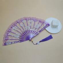 A Folding Fan With Rose Pattern And Lace Trim. This Elegant Paper Fan Combines Transparent Floral Lace With Delicate Openwork (Filigree) Ribs And Is Adorned With Tassels. Available In White Or Black, With An Unfolded Width Of Approximately 42.5 Cm And A Folded Width Of Approximately 23 Cm. - Multicolor - View 6