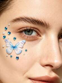 1pc Autumn/Winter New Blue Simulated Butterfly Rhinestone Butterfly Face Sticker, Blue Watery Diamond Butterfly With Realistic Butterfly Design, Creating Princess Fairy Ethereal Fairy Style Makeup Look - Multicolor - View 3